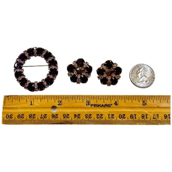 Vintage 50-60s Flower Wreath Brooch Amethyst Clear Rhinestones, Clip-on Earrings - Picture 3 of 5